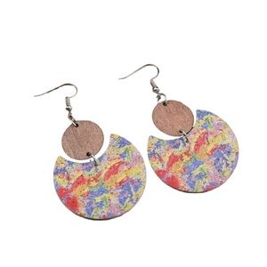 Colorful Leather and Wood Geometric Drop Earrings